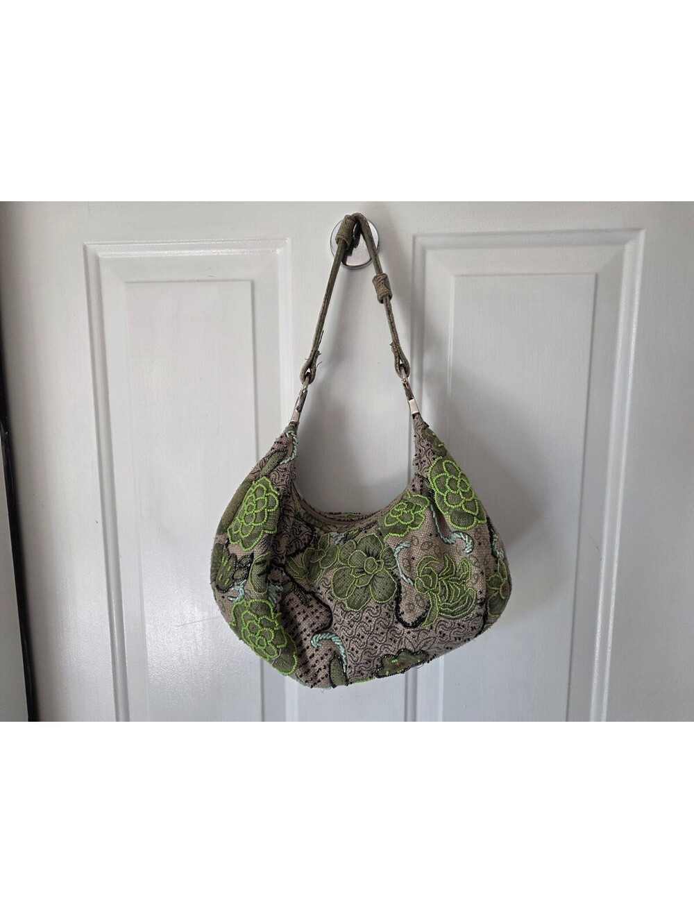 Vintage Embroidered Floral Beaded Shoulder Bag with Green Accents
